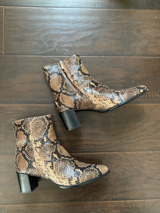 Margaux Shoes - Margaux Leather Snake-Print Brown Ankle Boots with Block Heel - Women's